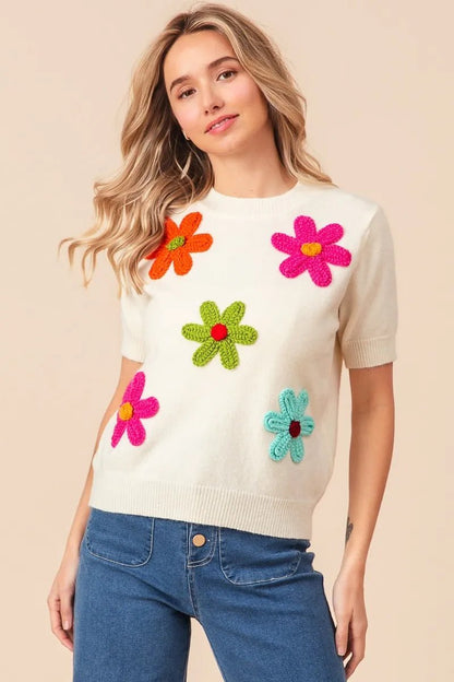 BiBi Crochet Flower Patch Sweater Top - Bitsy Gypsy Boutique