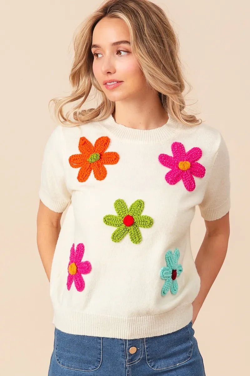 BiBi Crochet Flower Patch Sweater Top - Bitsy Gypsy Boutique