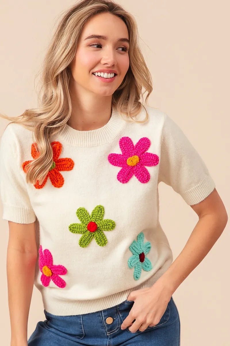 BiBi Crochet Flower Patch Sweater Top - Bitsy Gypsy Boutique