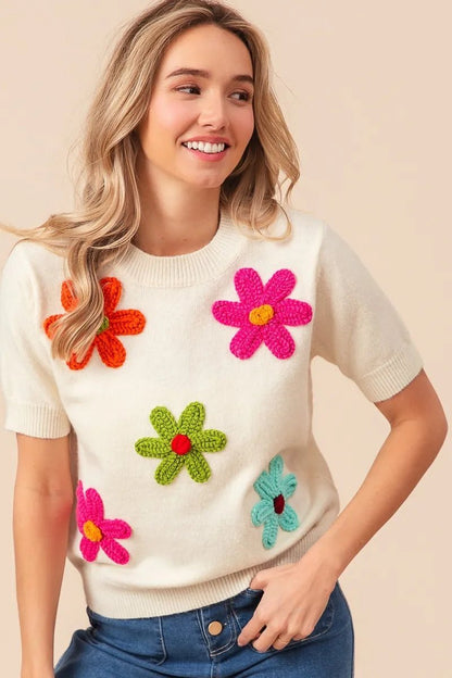 BiBi Crochet Flower Patch Sweater Top - Bitsy Gypsy Boutique