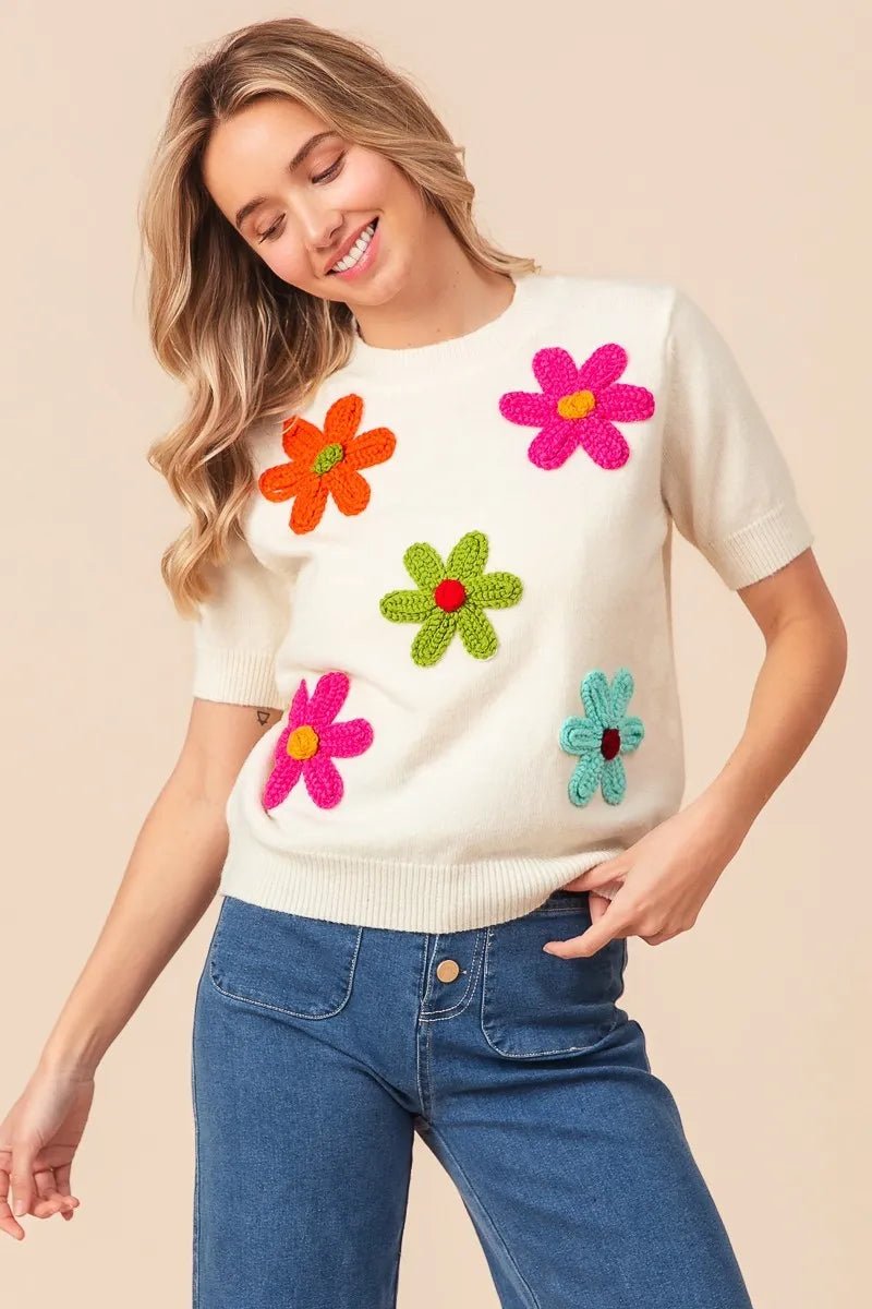 BiBi Crochet Flower Patch Sweater Top - Bitsy Gypsy Boutique
