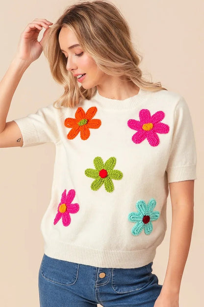 BiBi Crochet Flower Patch Sweater Top - Bitsy Gypsy Boutique