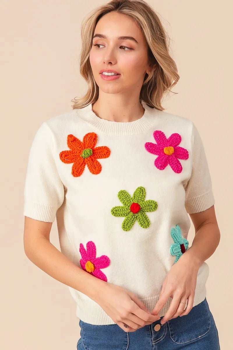 BiBi Crochet Flower Patch Sweater Top - Bitsy Gypsy Boutique