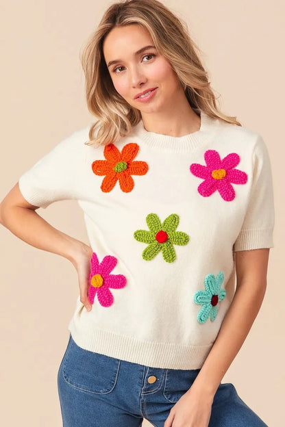 BiBi Crochet Flower Patch Sweater Top - Bitsy Gypsy Boutique