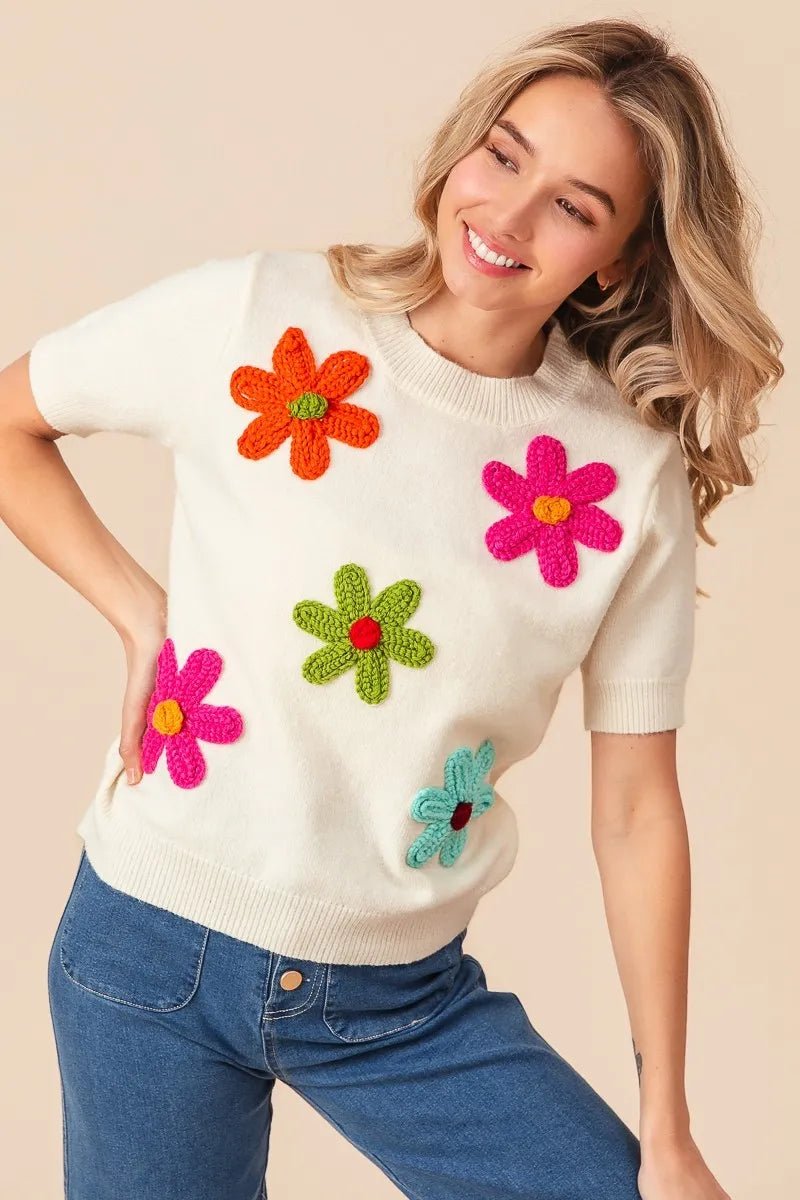 BiBi Crochet Flower Patch Sweater Top - Bitsy Gypsy Boutique