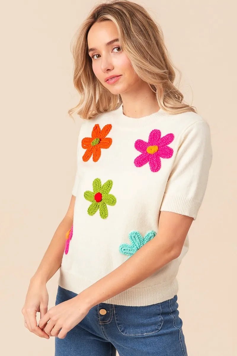 BiBi Crochet Flower Patch Sweater Top - Bitsy Gypsy Boutique