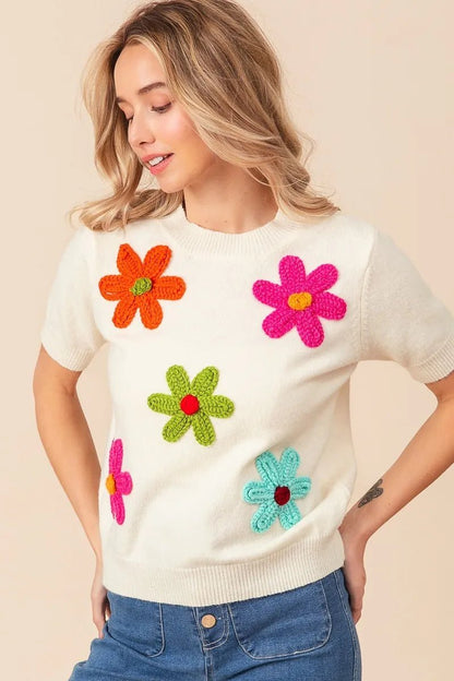 BiBi Crochet Flower Patch Sweater Top - Bitsy Gypsy Boutique