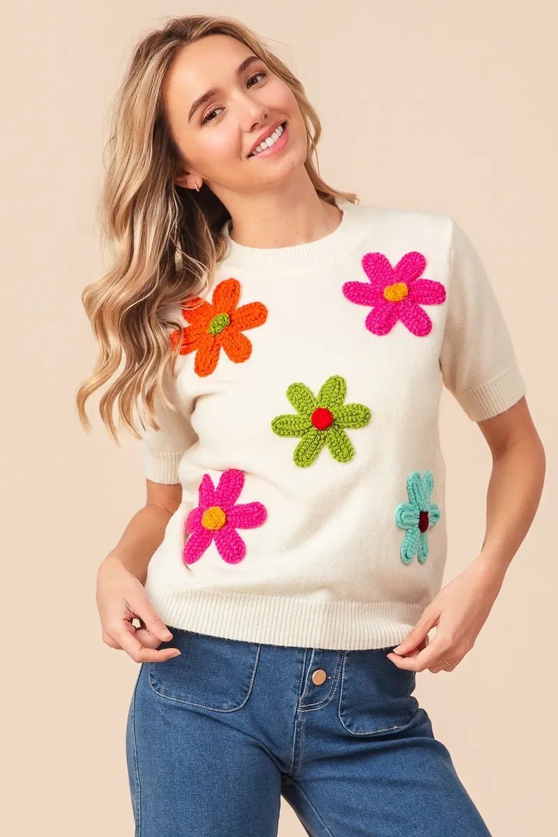 BiBi Crochet Flower Patch Sweater Top - Bitsy Gypsy Boutique