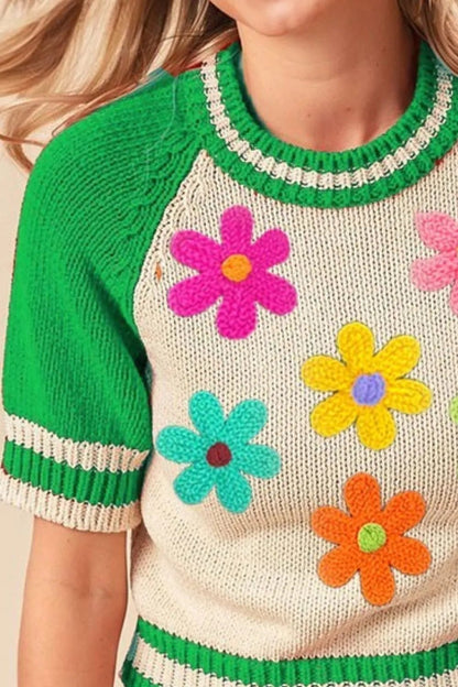 BiBi Crochet Flower Patches Striped Rib Band Sweater - Bitsy Gypsy Boutique