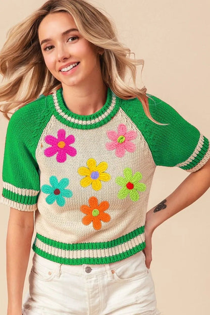 BiBi Crochet Flower Patches Striped Rib Band Sweater - Bitsy Gypsy Boutique