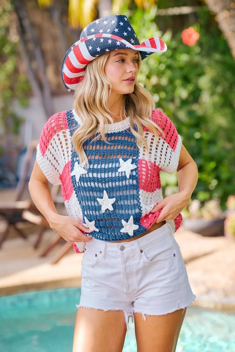 BiBi Crochet Star Patches 4th Of July Sweater Cover Up - Bitsy Gypsy Boutique