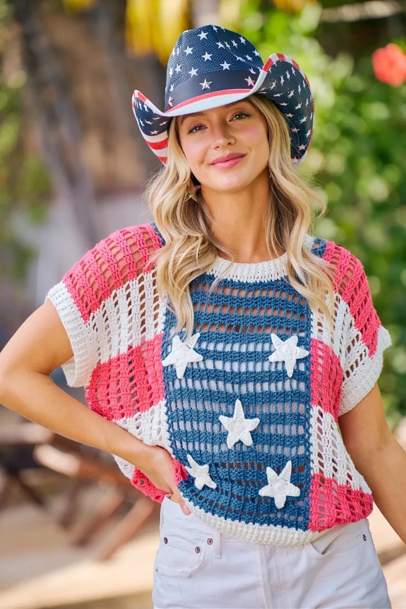 BiBi Crochet Star Patches 4th Of July Sweater Cover Up - Bitsy Gypsy Boutique