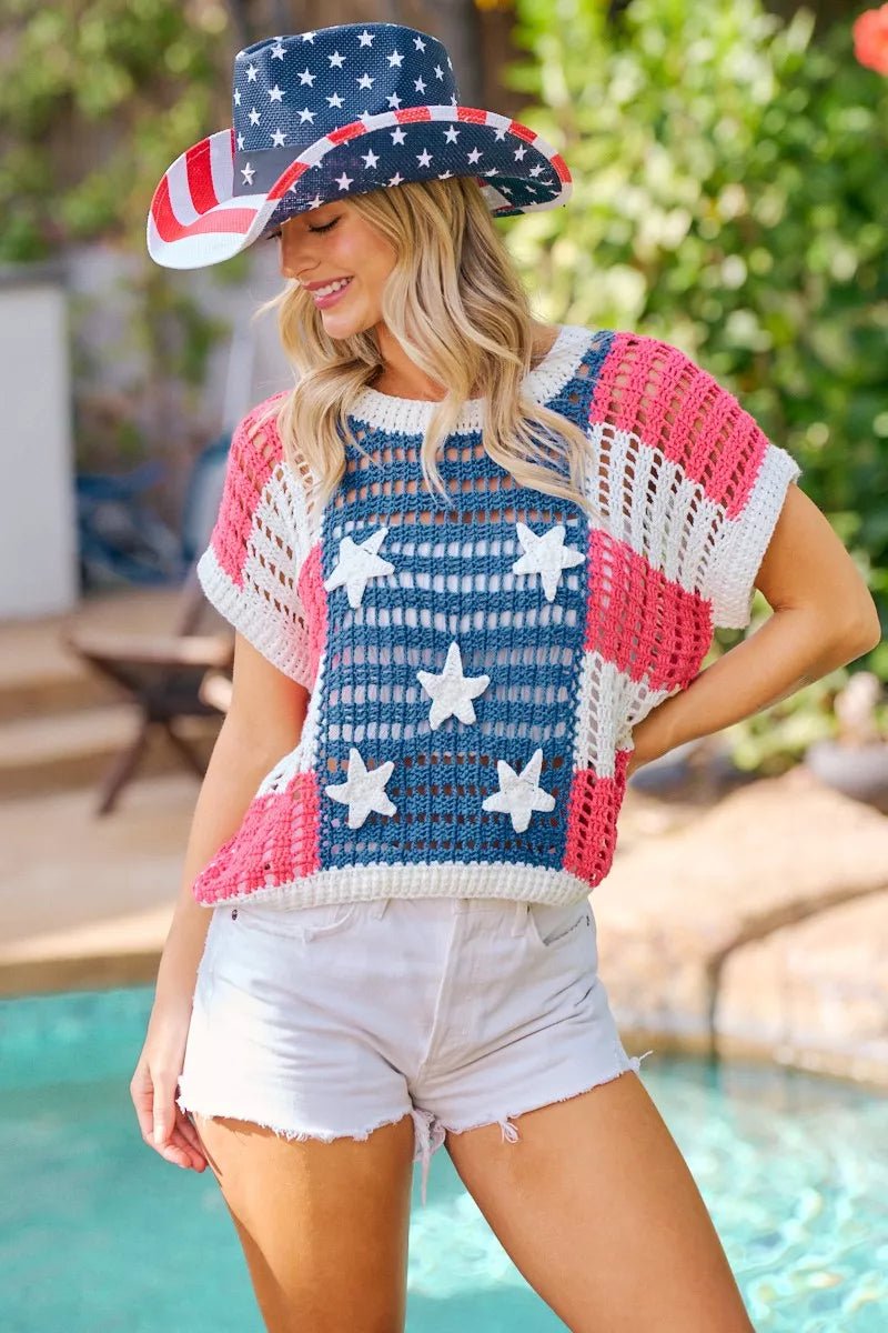 BiBi Crochet Star Patches 4th Of July Sweater Cover Up - Bitsy Gypsy Boutique