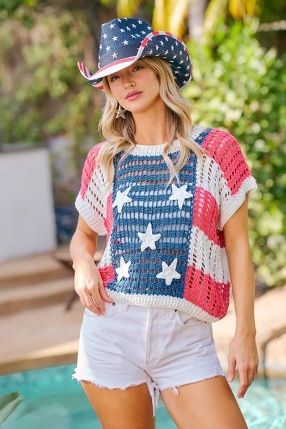 BiBi Crochet Star Patches 4th Of July Sweater Cover Up - Bitsy Gypsy Boutique