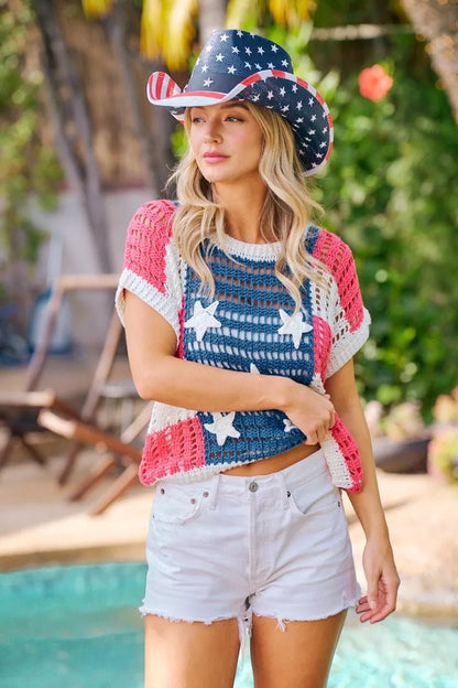 BiBi Crochet Star Patches 4th Of July Sweater Cover Up - Bitsy Gypsy Boutique