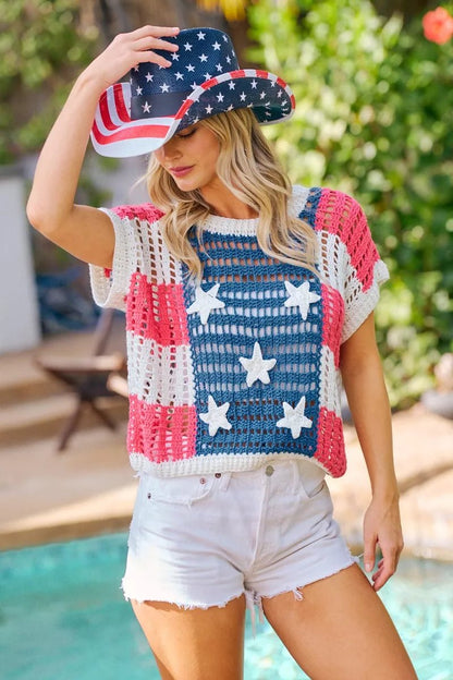 BiBi Crochet Star Patches 4th Of July Sweater Cover Up - Bitsy Gypsy Boutique