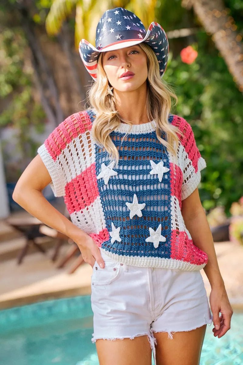 BiBi Crochet Star Patches 4th Of July Sweater Cover Up - Bitsy Gypsy Boutique