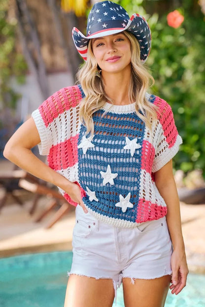 BiBi Crochet Star Patches 4th Of July Sweater Cover Up - Bitsy Gypsy Boutique