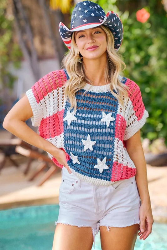 BiBi Crochet Star Patches 4th Of July Sweater Cover Up - Bitsy Gypsy Boutique