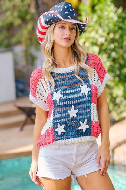 BiBi Crochet Star Patches 4th Of July Sweater Cover Up - Bitsy Gypsy Boutique