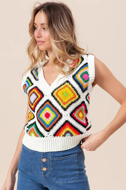 BiBi Diamond Granny Square Sweater Vest - Bitsy Gypsy Boutique