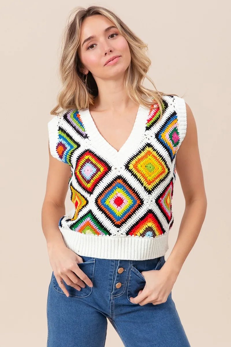 BiBi Diamond Granny Square Sweater Vest - Bitsy Gypsy Boutique