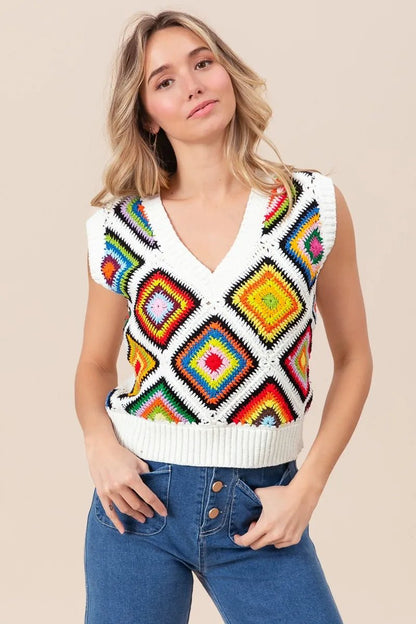 BiBi Diamond Granny Square Sweater Vest - Bitsy Gypsy Boutique
