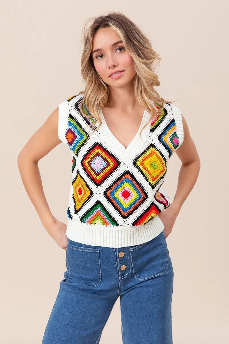 BiBi Diamond Granny Square Sweater Vest - Bitsy Gypsy Boutique