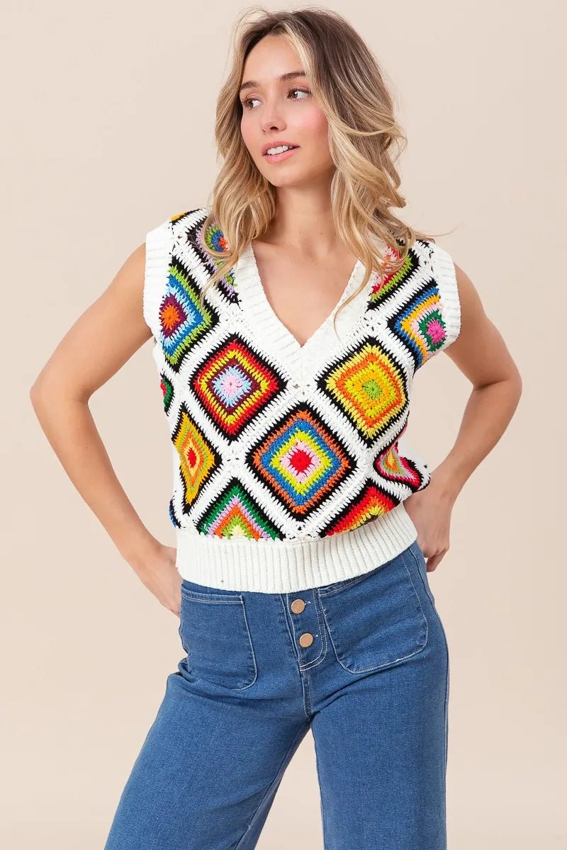 BiBi Diamond Granny Square Sweater Vest - Bitsy Gypsy Boutique