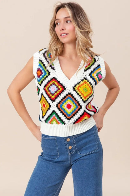 BiBi Diamond Granny Square Sweater Vest - Bitsy Gypsy Boutique