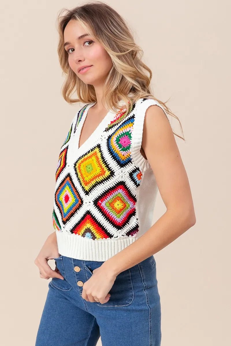 BiBi Diamond Granny Square Sweater Vest - Bitsy Gypsy Boutique