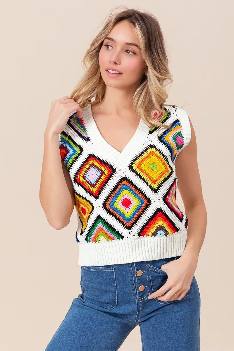 BiBi Diamond Granny Square Sweater Vest - Bitsy Gypsy Boutique