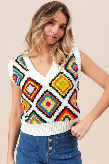 BiBi Diamond Granny Square Sweater Vest - Bitsy Gypsy Boutique