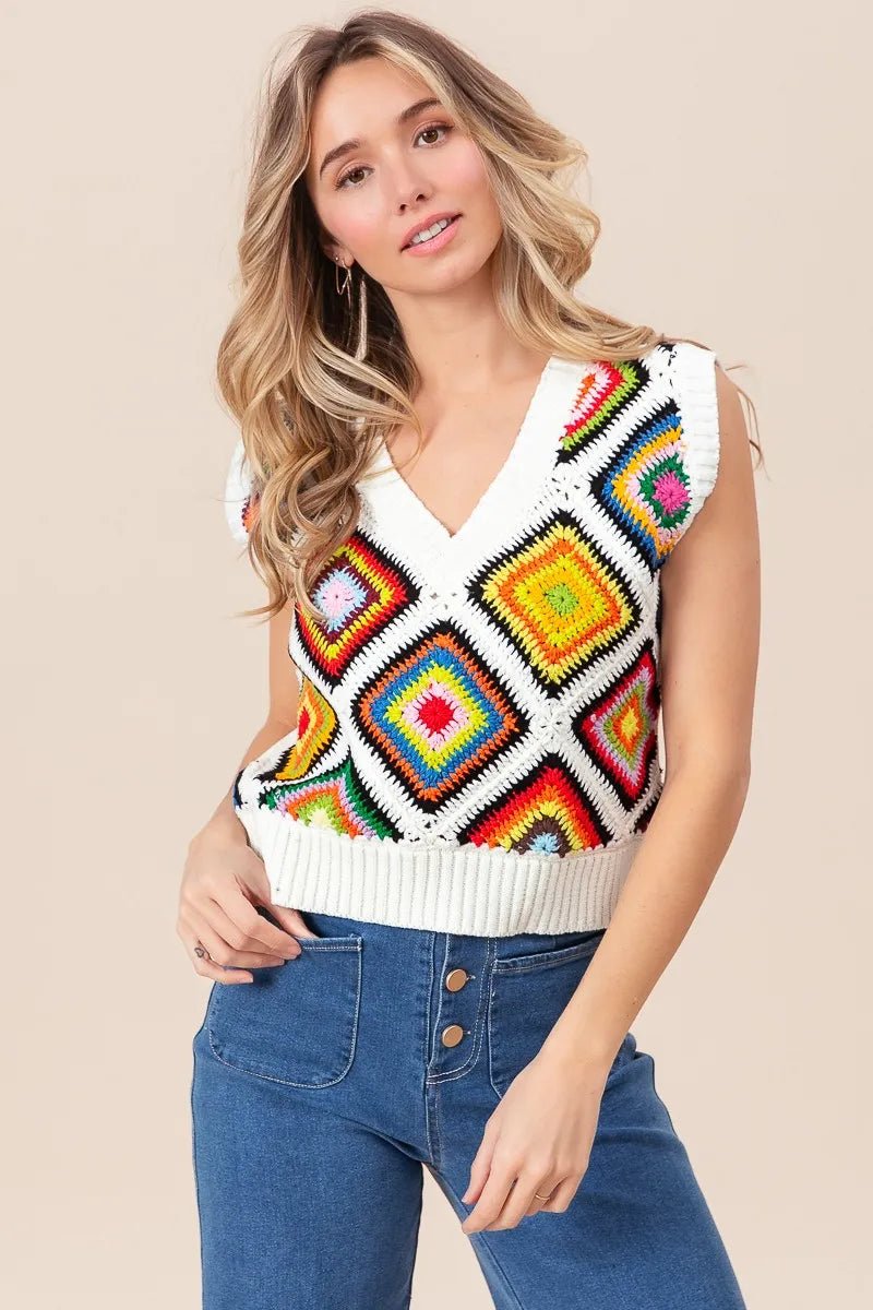 BiBi Diamond Granny Square Sweater Vest - Bitsy Gypsy Boutique