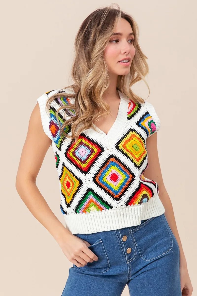 BiBi Diamond Granny Square Sweater Vest - Bitsy Gypsy Boutique