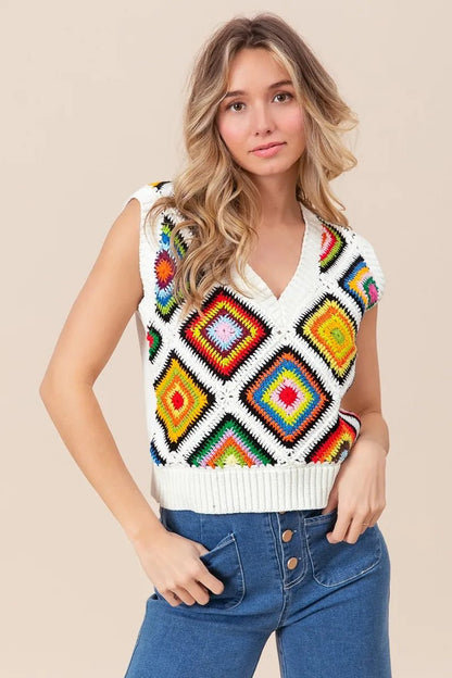 BiBi Diamond Granny Square Sweater Vest - Bitsy Gypsy Boutique