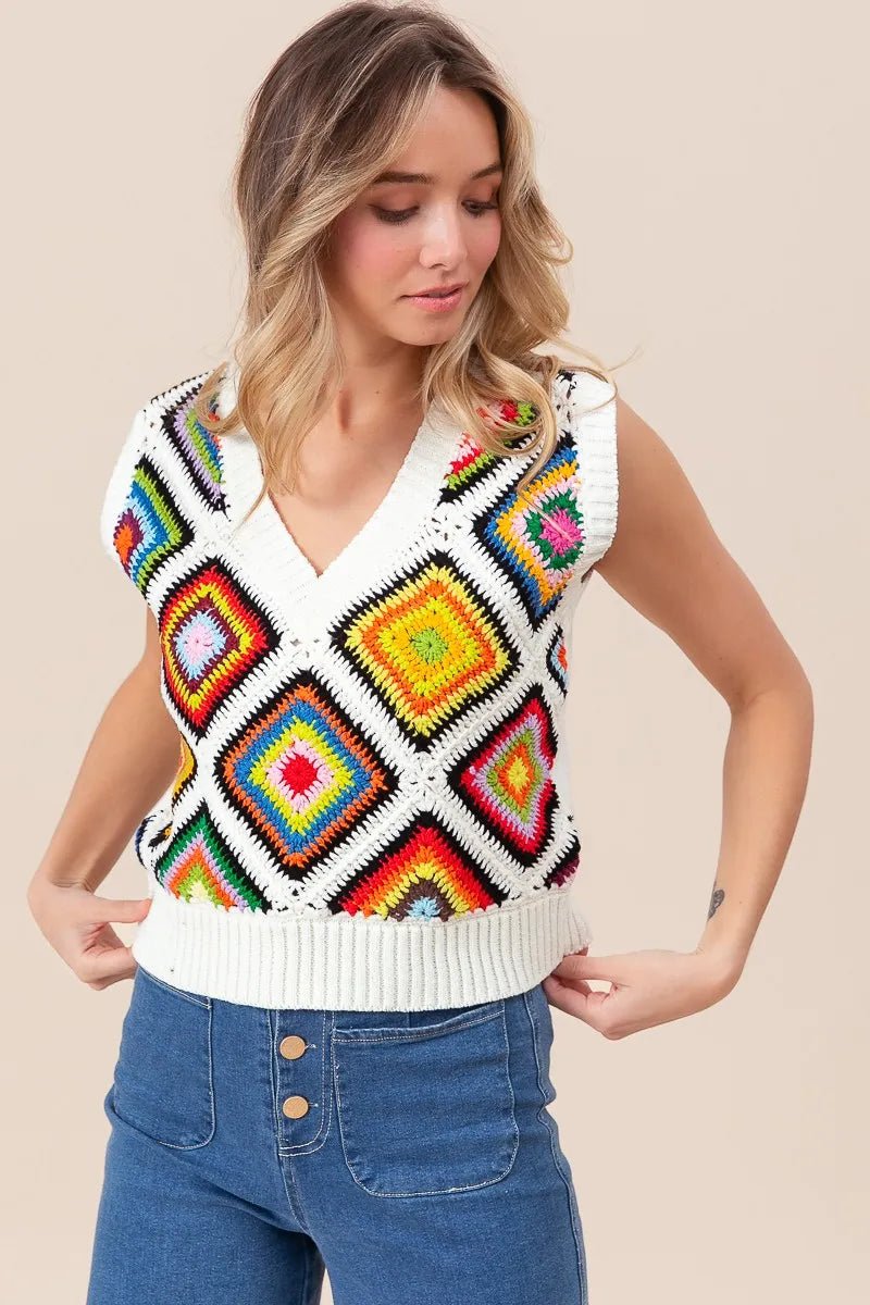 BiBi Diamond Granny Square Sweater Vest - Bitsy Gypsy Boutique