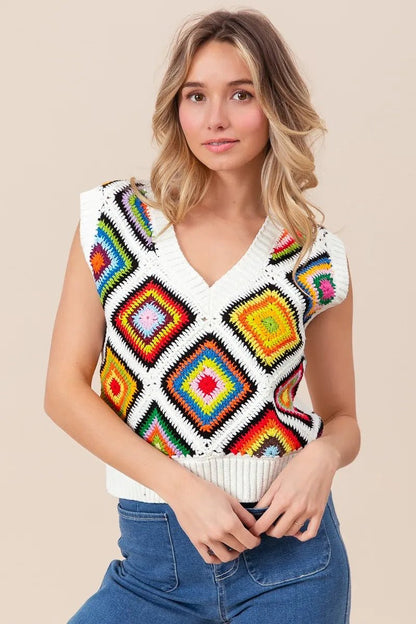 BiBi Diamond Granny Square Sweater Vest - Bitsy Gypsy Boutique