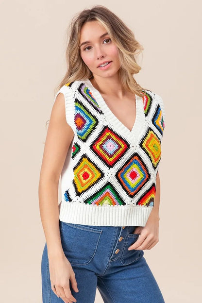 BiBi Diamond Granny Square Sweater Vest - Bitsy Gypsy Boutique