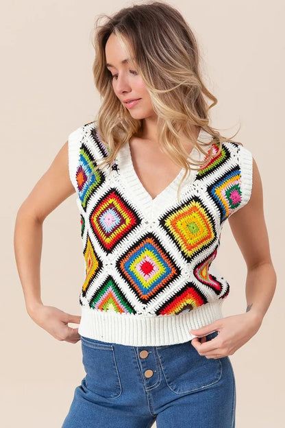 BiBi Diamond Granny Square Sweater Vest - Bitsy Gypsy Boutique