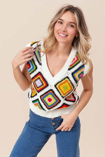BiBi Diamond Granny Square Sweater Vest - Bitsy Gypsy Boutique