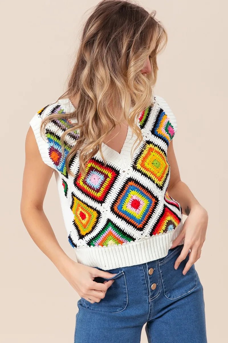 BiBi Diamond Granny Square Sweater Vest - Bitsy Gypsy Boutique