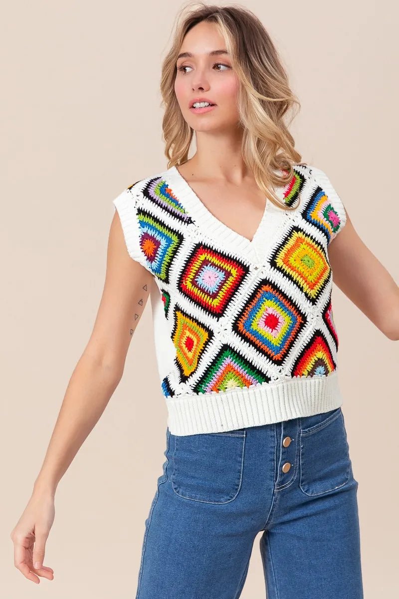 BiBi Diamond Granny Square Sweater Vest - Bitsy Gypsy Boutique
