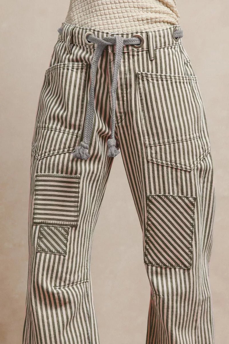 BiBi Drawstring Striped Twill Barrel Pants - Bitsy Gypsy Boutique