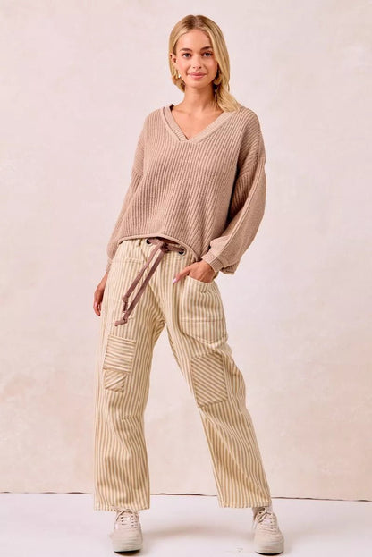 BiBi Drawstring Striped Twill Barrel Pants - Bitsy Gypsy Boutique