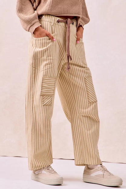 BiBi Drawstring Striped Twill Barrel Pants - Bitsy Gypsy Boutique
