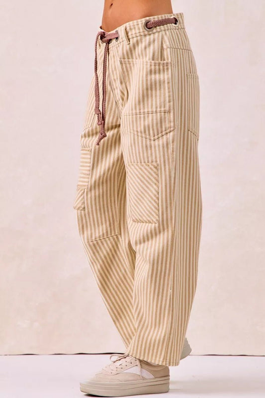 BiBi Drawstring Striped Twill Barrel Pants - Bitsy Gypsy Boutique
