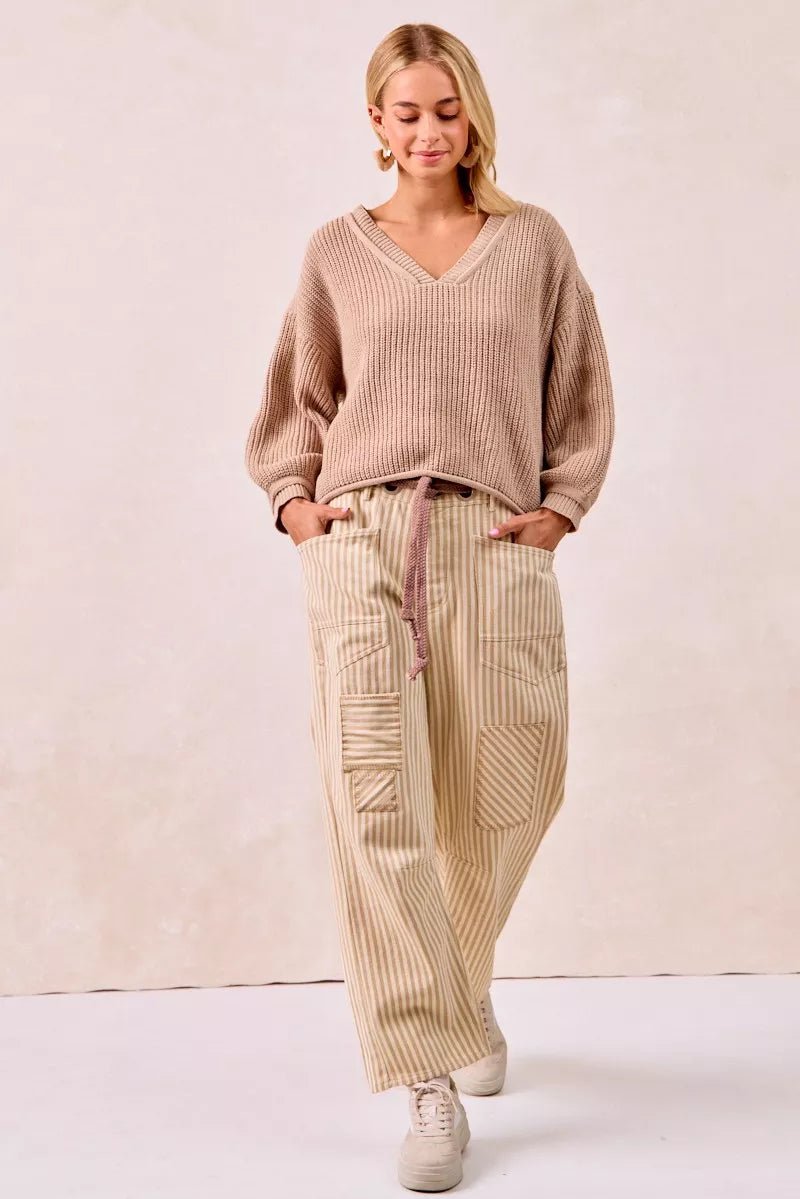 BiBi Drawstring Striped Twill Barrel Pants - Bitsy Gypsy Boutique