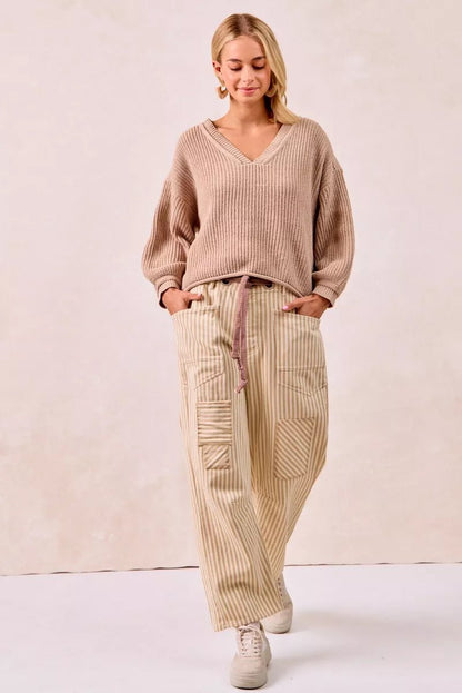 BiBi Drawstring Striped Twill Barrel Pants - Bitsy Gypsy Boutique
