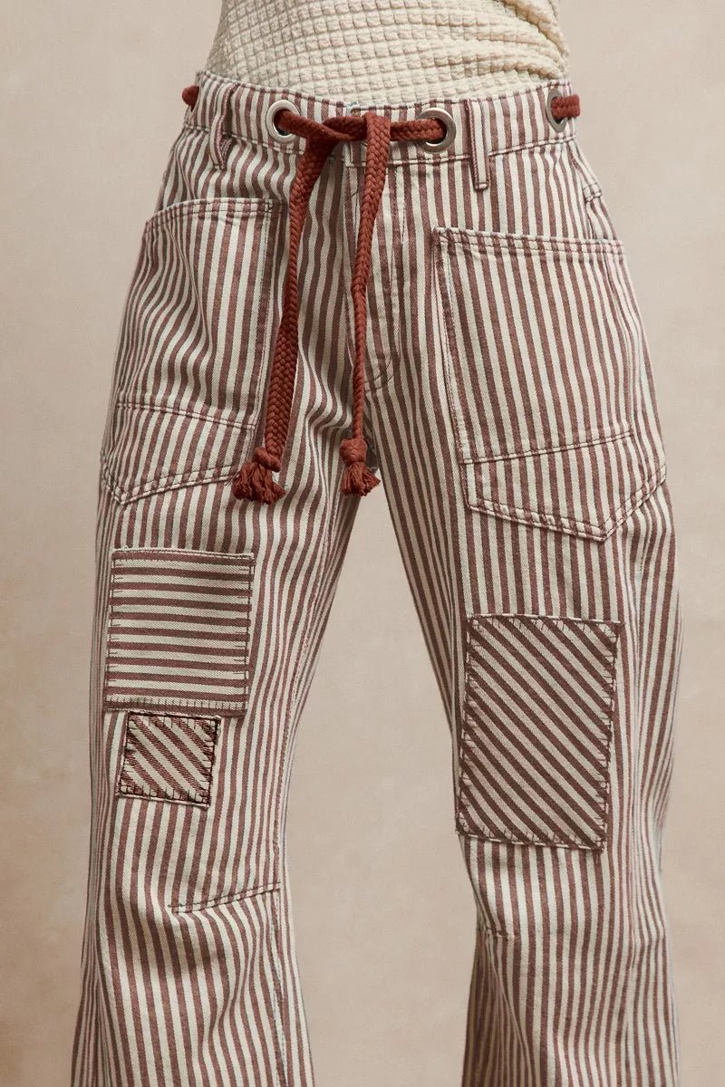 BiBi Drawstring Striped Twill Barrel Pants - Bitsy Gypsy Boutique